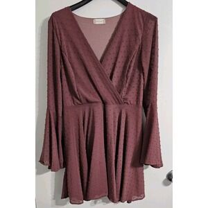 Altar'd State Womens Gigi Chiffon Dress Large Deep Rose Swiss Dot Bell Sleeves